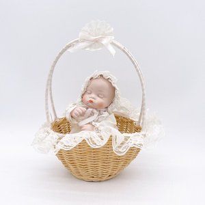 Vintage Porcelain Baby in Basket Musical Movements Rock a Bye Baby 9" Working